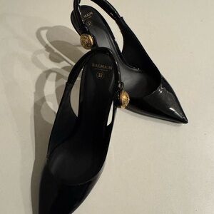 Balmain Black Patent Slingback Heels with Gold Accents
